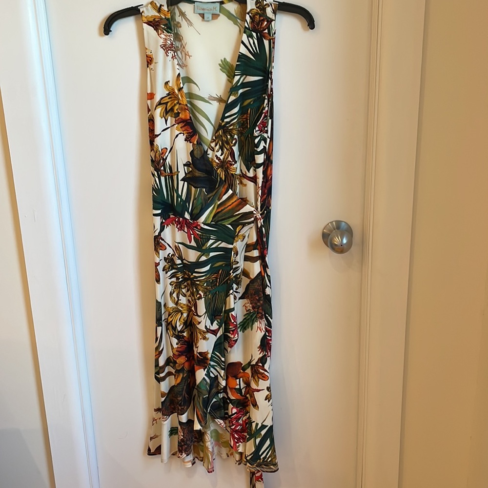 Veronica M wrap dress, botanical print (cream, orange, yellow, green) Size M